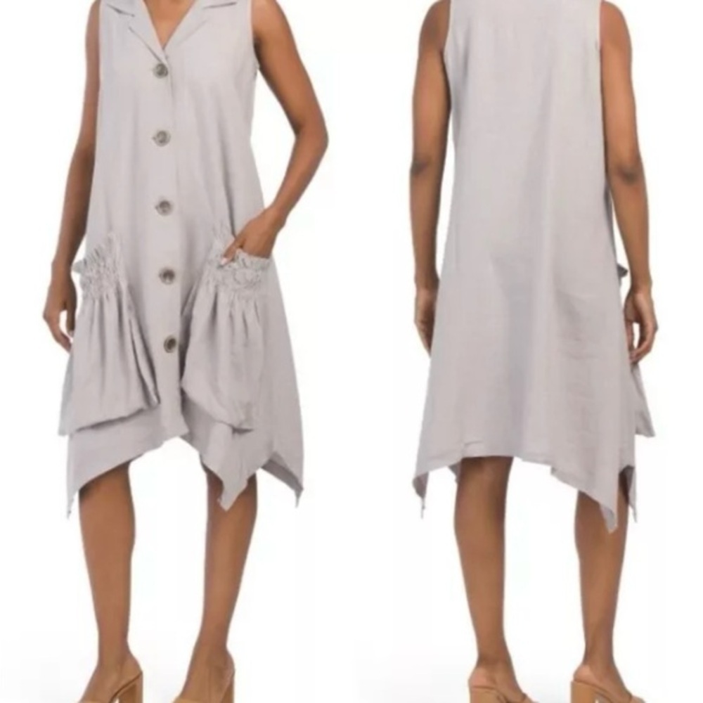 For Cynthia Linen Blend Shark Bite Hem Sleeveless Gray Dress Size Large